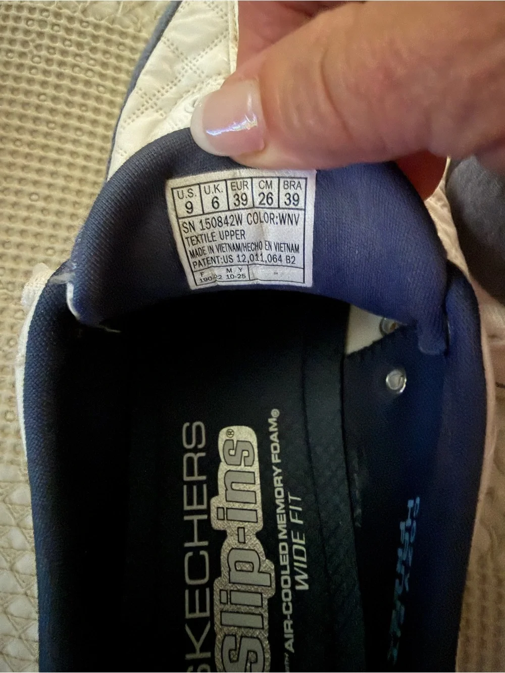 Skechers Women’s Cozy Fit Quilted Sneakers in White and Navy